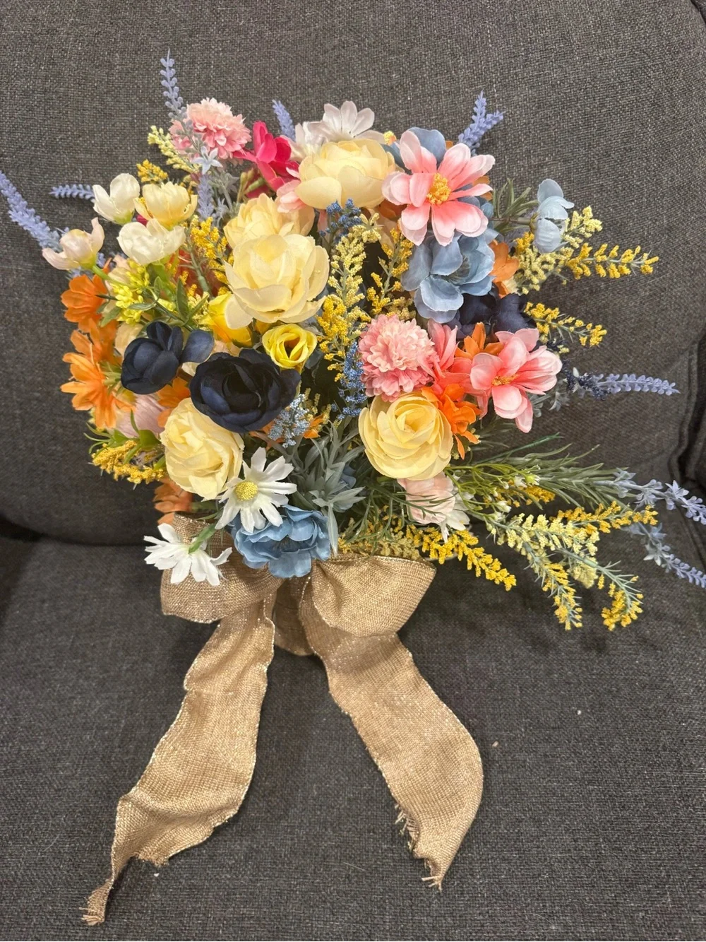 2-Elegant Mixed Artificial Floral Bouquets in Yellow, Navy, Pink & Blue